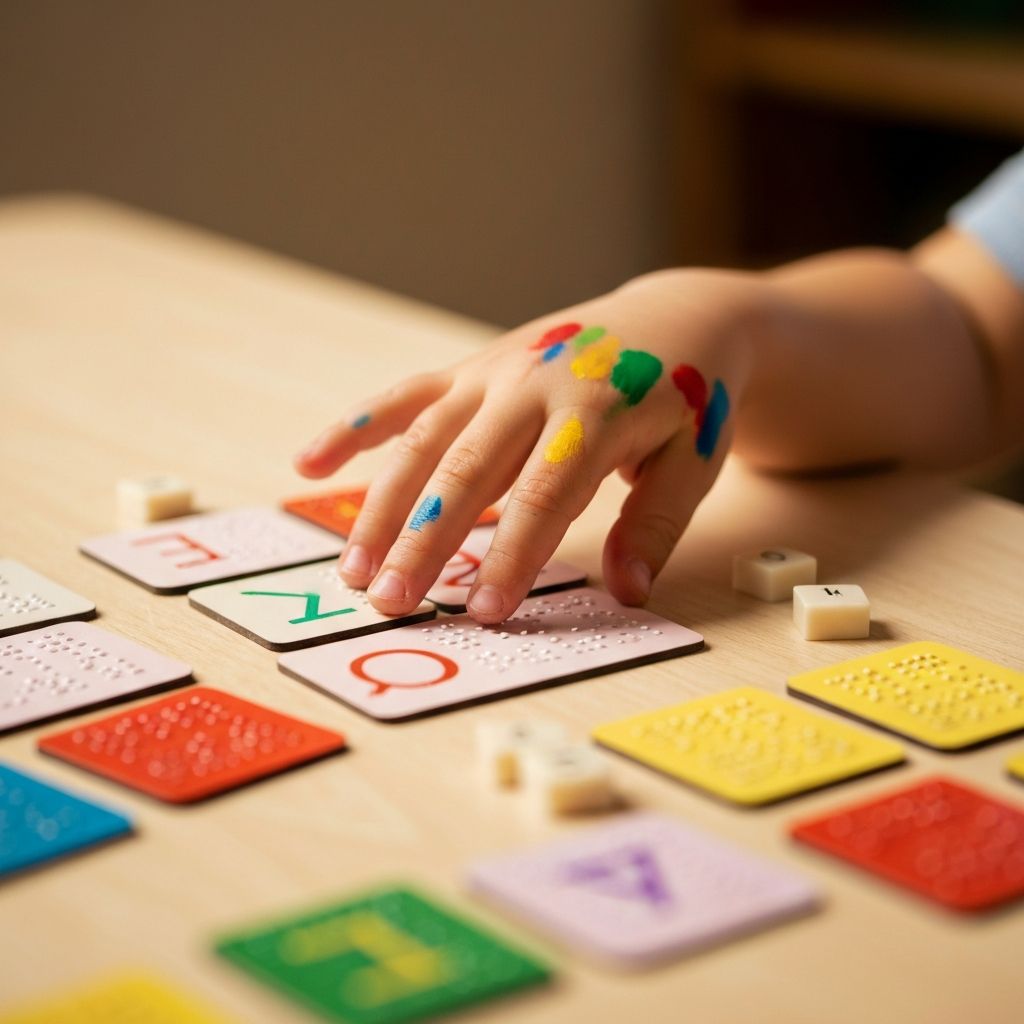Children exploring braille cards and tactile materials